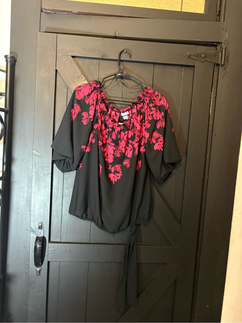 Black Blouse with Bright Pink Floral Yoke and Tie Waist